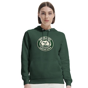 May include: A dark green hoodie with a front pocket and a drawstring hood. The hoodie features a circular logo with the text "NOTHING LEAVES. CLOSED LOOP GARDEN" in white. The logo includes a graphic of two leaves.
