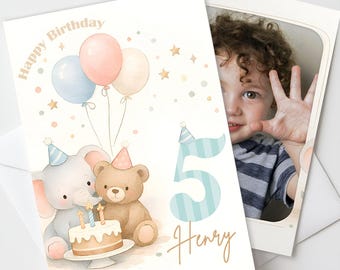 Personalized Birthday Card, Custom Photo-Name-Age, Folded Card 5x7 inch, Unique Birthday Gift for Kids