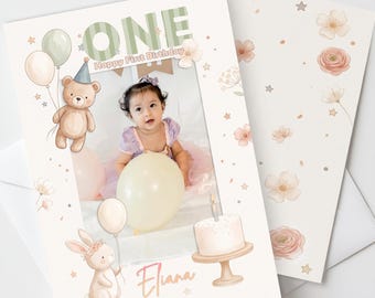 Personalised 1st Birthday Card, Custom Photo-Name, Folded Card 5x7 inch, Unique First Birthday Gift