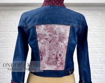 One of a Kind Reworked Denim Jacket Women’s Upcycled Toile Panel Burgundy Somerset