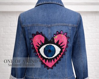 One of a Kind Reworked Denim Jacket Womens Upcycled Sequin Eye Heart Applique Salvaged Threads