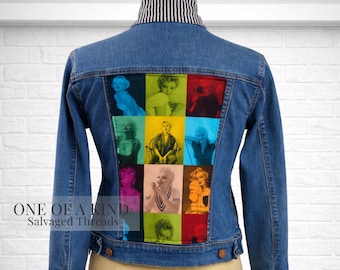 One of a Kind Reworked Denim Jacket Womens Upcycled Pop Art Portrait Panel Salvaged Threads