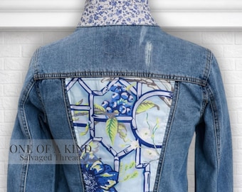 One of a Kind Reworked Denim Jacket Women’s Upcycled Blue Chinoiserie Panel Kensington