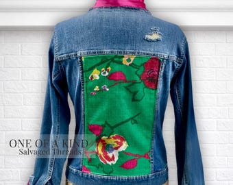 One of a Kind Reworked Denim Jacket Womens Upcycled Green Floral Panel Pink Collar Salvaged Threads