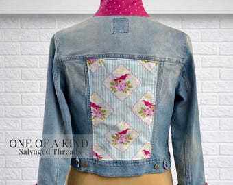 One of a Kind Reworked Denim Jacket Women's Upcycled Bird Floral Panel Pink Collar Salvaged Threads
