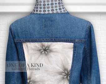 One of a Kind Reworked Denim Jacket Womens Upcycled Neutral Panel Textured Cuff Salvaged Threads