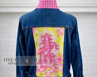 One of a Kind Reworked Denim Jacket Womens Upcycled Pink Chinoiserie Panel Gingham Collar Salvaged Threads