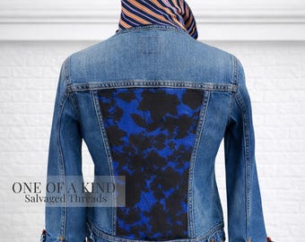 One of a Kind Reworked Denim Jacket Womens Upcycled Blue Floral Panel Statement Jacket Salvaged Threads