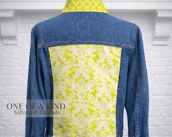 One of a Kind Reworked Denim Jacket Women’s Upcycled Damask Panel Chartreuse Brightwell