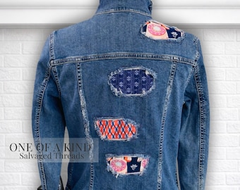 One of a Kind Reworked Denim Jacket Womens Upcycled Patchwork Distressed Denim Salvaged Threads