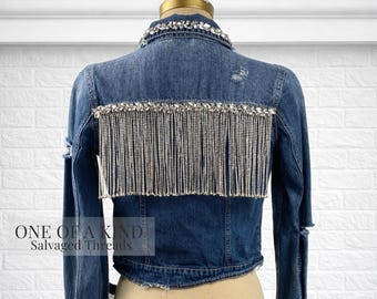 One of a Kind Reworked Denim Jacket Womens Upcycled Rhinestone Fringe Jacket Salvaged Threads