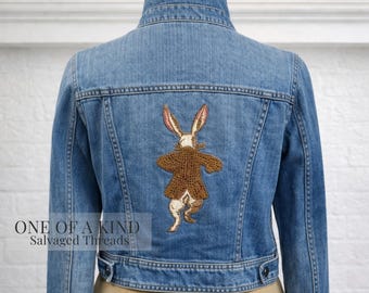 One of a Kind Reworked Denim Jacket Womens Upcycled Rabbit Applique Storybook Jacket Salvaged Threads