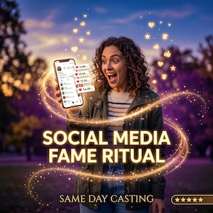 May include: A woman holding a smartphone with social media app interface, surrounded by glowing hearts and stars. The image has the text "SOCIAL MEDIA FAME RITUAL" and "SAME DAY CASTING". The woman is wearing a green jacket.