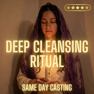 May include: A woman with dark hair and a purple veil holds a lit candle. The image has text that reads "DEEP CLEANSING RITUAL" and "SAME DAY CASTING". A gold star rating is in the upper right corner.