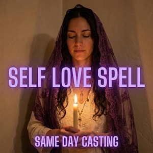 May include: A woman with long dark hair and a purple veil holds a lit candle. The text "SELF LOVE SPELL" is displayed in purple, with "SAME DAY CASTING" below it. The woman wears a white dress and a necklace.