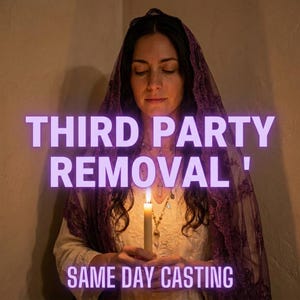 Puede incluir: Una mujer con cabello oscuro y un velo morado sostiene una vela encendida. La imagen tiene texto que dice "THIRD PARTY REMOVAL" y "SAME DAY CASTING" en un brillo morado.