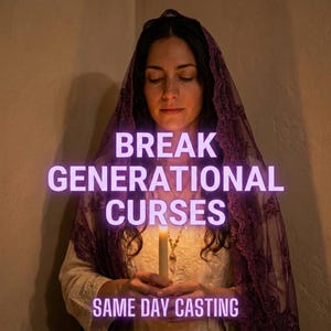 Puede incluir: Una mujer con cabello oscuro y un velo morado sostiene una vela encendida. La imagen tiene texto que dice "BREAK GENERATIONAL CURSES" y "SAME DAY CASTING" en una fuente púrpura brillante. La mujer lleva un vestido blanco.