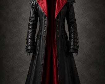 Gotisk trenchcoat i konstläder för män, röd satinfodrad steampunk-jacka