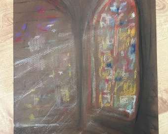 Originele tekening in zachte pastel van een kathedraalraam