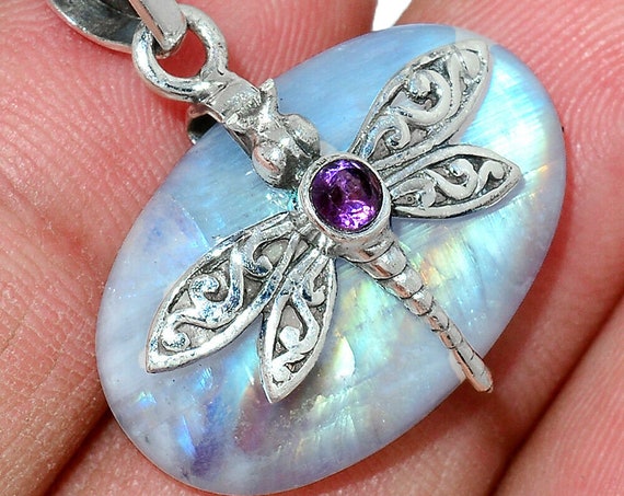Dragonfly Moonstone India & Amethyst 925 Silver Pendant. Free Chain 18". Free shipping