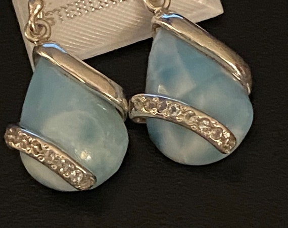 Larimar & White Topaz Teardrop Dangling Earrings.Sterling Silver.Free Shipping!!