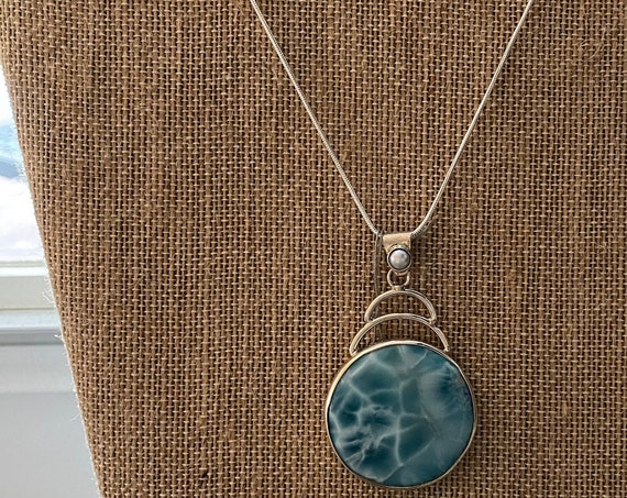 New! One of the kind Larimar Pendant . Real Pearl .924 Sterling Silver