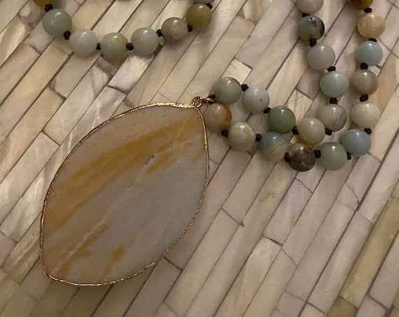 Necklace Amazonite beads Handcrafted.Agate pendant