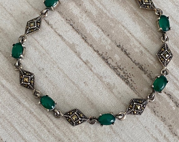 Bracelet Marquesite Solid Sterling Silver & Green Onyx