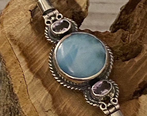 New! Natural Caribbean Larimar & Amethyst Gemstone Women Bracelet 100% High Quality Sterling 925