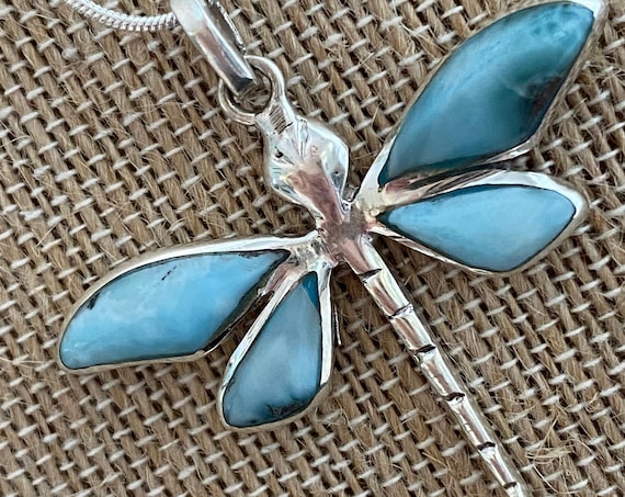 Larimar Dragon Fly Pendant. The Caribbean Gemstone. 925 Sterling Silver. Free Silver plated Chain! Free shipping !