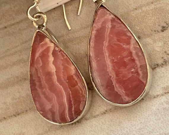 Rhodochrosite Gemstone Earring Handmade 925 Sterling Silver 1.75"