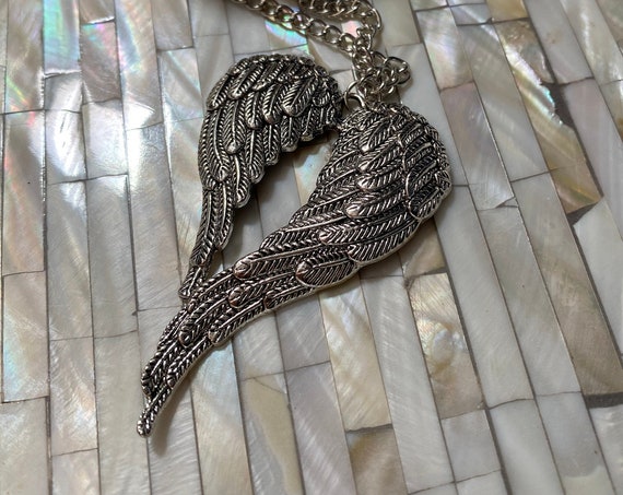 Antique Silver Large Guardian Angel Wings Charm Pendant 69mmx47mm 30" Long Chain Necklace