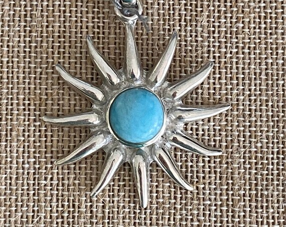 Sun Pendant Larimar "the Atlantis Gemstone" 925 Sterling Silver Free Silver plated 24" Chain! Free shipping !