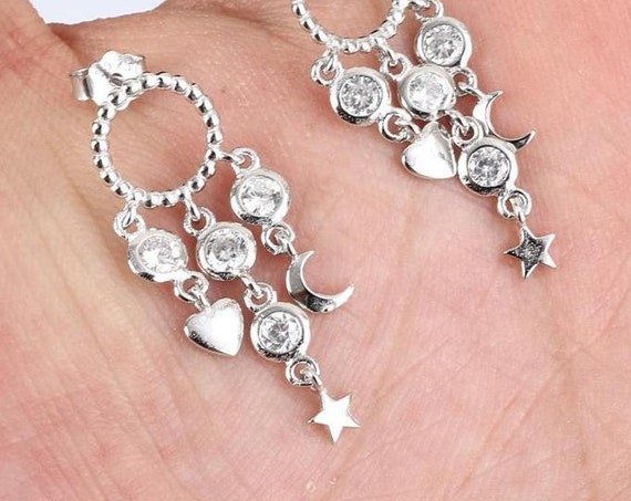 100% Sterling Silver Stars,Moon & White Topaz Dangle Earrings