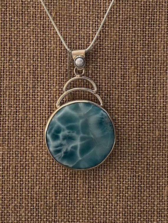 New! One of the kind Larimar Pendant . Real Pearl .924 Sterling Silver