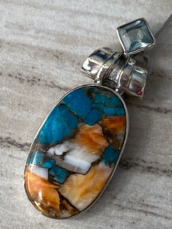 Natural Spiny Oyster Turquoise & Blue Topaz Pendant 925 Sterling Silver. Free Chain 18". Free shipping
