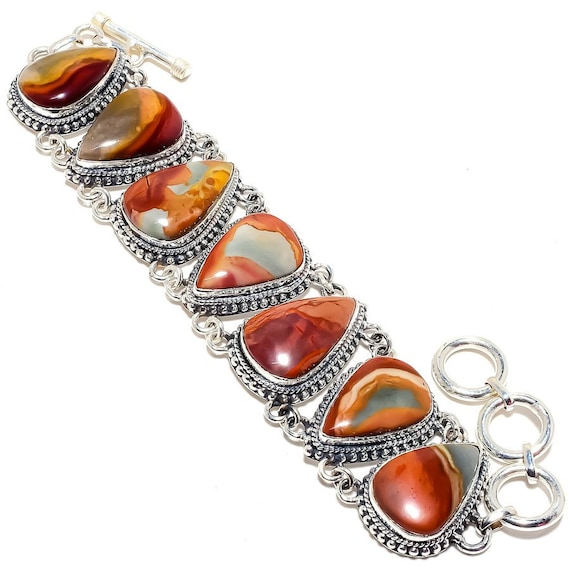 Polychrome Jasper Gemstone Handmade 925 Sterling Silver Bracelet 6-9"