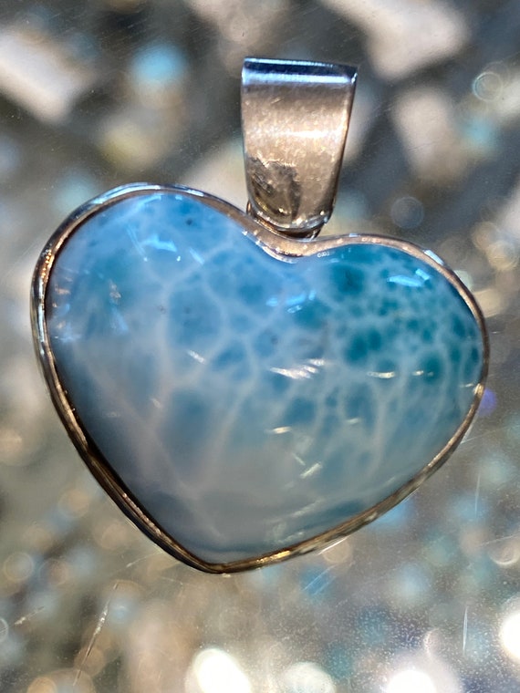 New! Caribbean Gemstone Larimar Heart Pendant 925 Sterling Silver. Handcrafted.Free Plated Sterling Silver Chain 18".Free Shipping