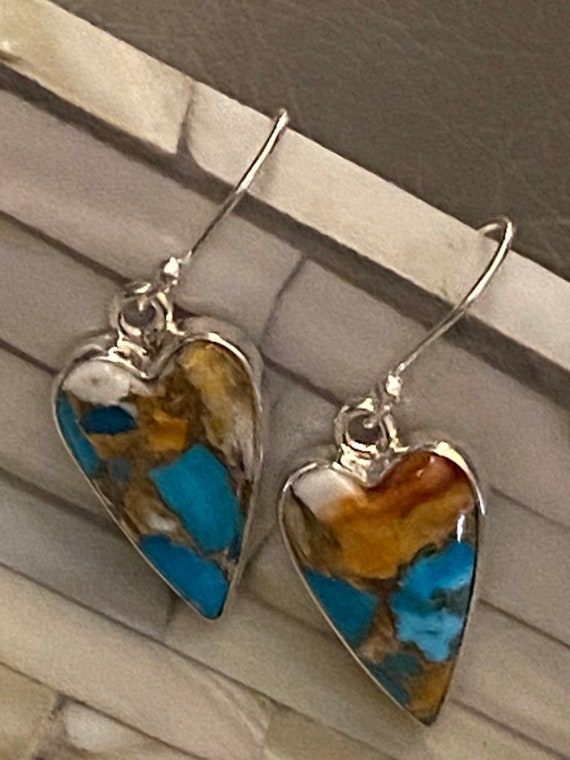 Spiny Oyster Heart Dangling Earrings. Handcrafted, 925 Sterling Silver