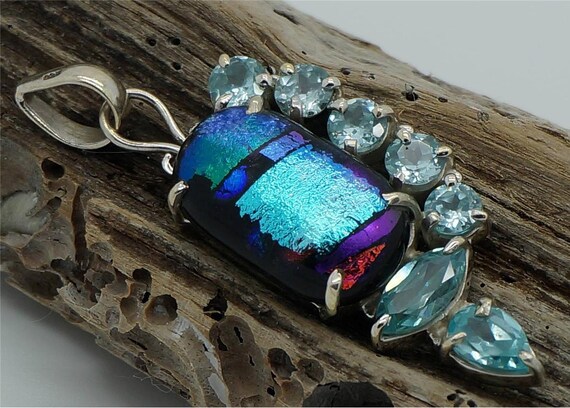 Unique Handcrafted Pendant Dichroic Glass & BLUE TOPAZ 925 Sterling Solid Silver