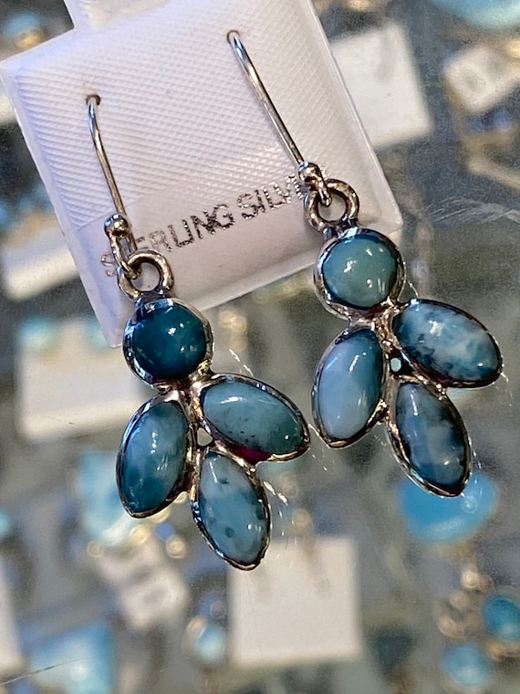 Larimar Dangling Earrings the Caribbean Gemstone 925 Sterling Silver *Fine Jewelry*