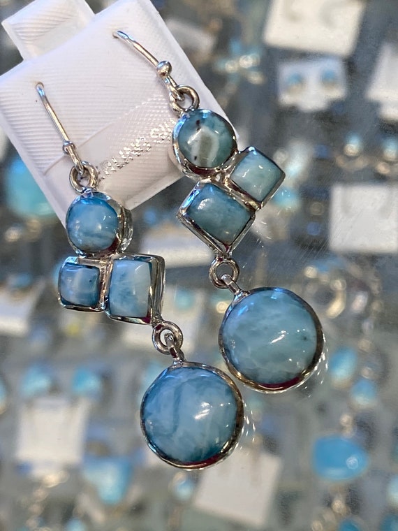 Larimar the Caribbean Gemstone Dangling Earrings. Handcrafted, 925 Sterling Silver .