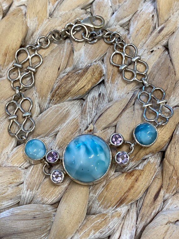 One of the Kind Larimar Bracelet & Amethyst . Handcrafted. 925 Sterling silver