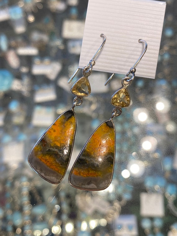 Bomble Bee Jasper & Citrine Dangling Earrings. Handcrafted, 925 Sterling Silver