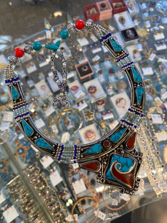 Turquoise, Coral Gemstone & Lapis lazuli Handmade 925 Silver Tibetan Necklace 22”