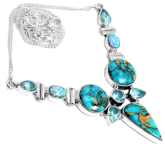 Necklace 19g Copper Blue Turquoise, Blue Topaz & Fire Opal 925 Silver