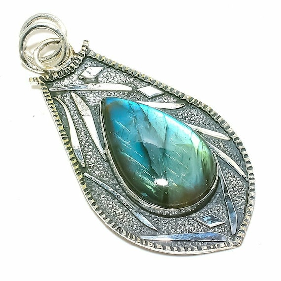 Labradorite Gemstone Handmade Ethnic 925 Sterling Silver Pendant 2.8"