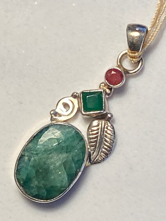 Natural Emerald & Ruby Pendant Handcrafted India 925 Sterling Silver