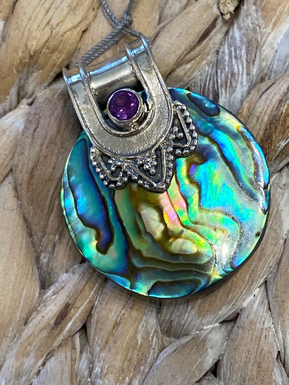 Abalone & Amethyst 925 Sterling Silver Pendant. Free Chain 18". Free shipping
