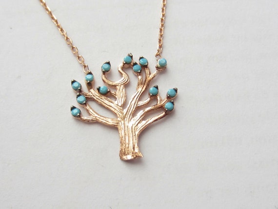 Tree of Life Pendant with Turquoise Gemstone. Rose Gold on 925 Sterling Silver. Free shipping !